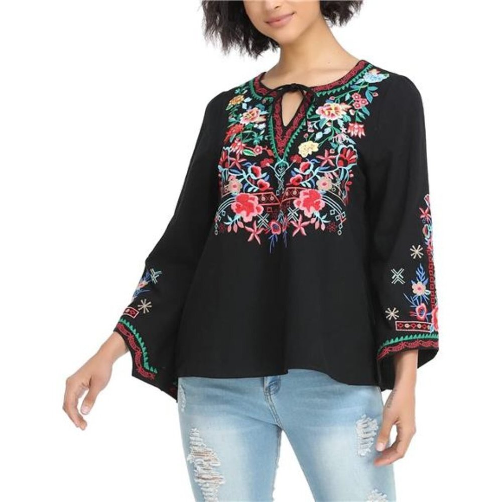 Black Floral Embroidered Long Sleeve Blouse Boho V Neck Tunic‎ Top - Picture 6 of 6